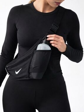 Nike Black Crossbody Bottle Carrier Sling with White Swoosh